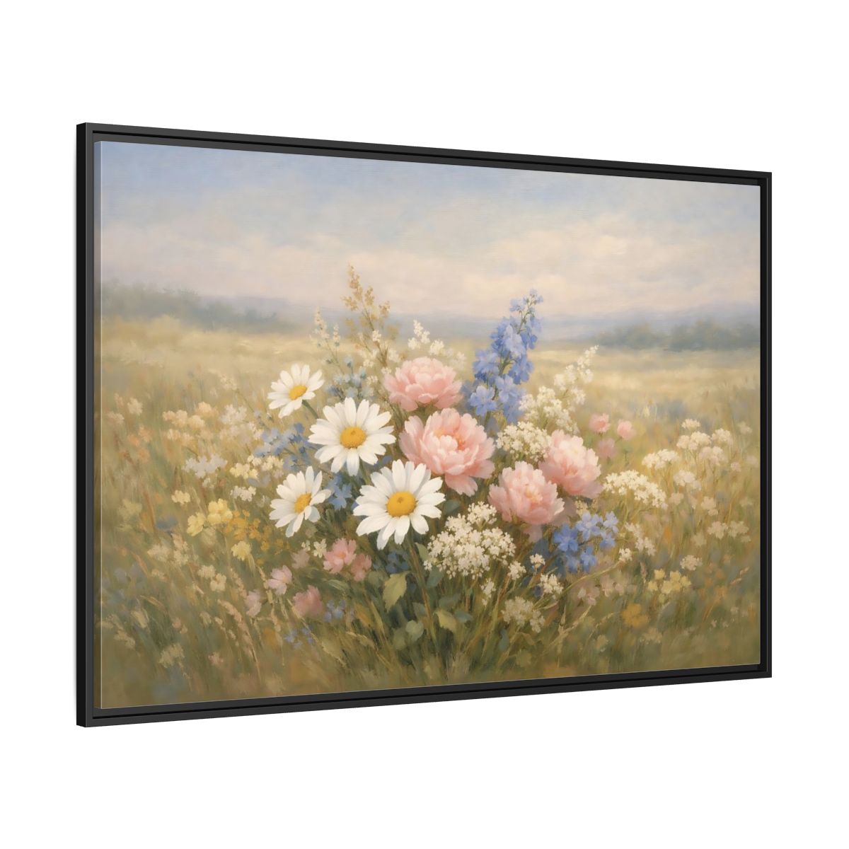 Side Mockup 12. Floral Flower Bouquet Pastel Flower Field shown as stretched canvas wall art