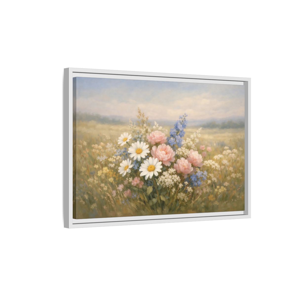 Side Mockup 1. Floral Flower Bouquet Pastel Flower Field shown as stretched canvas wall art