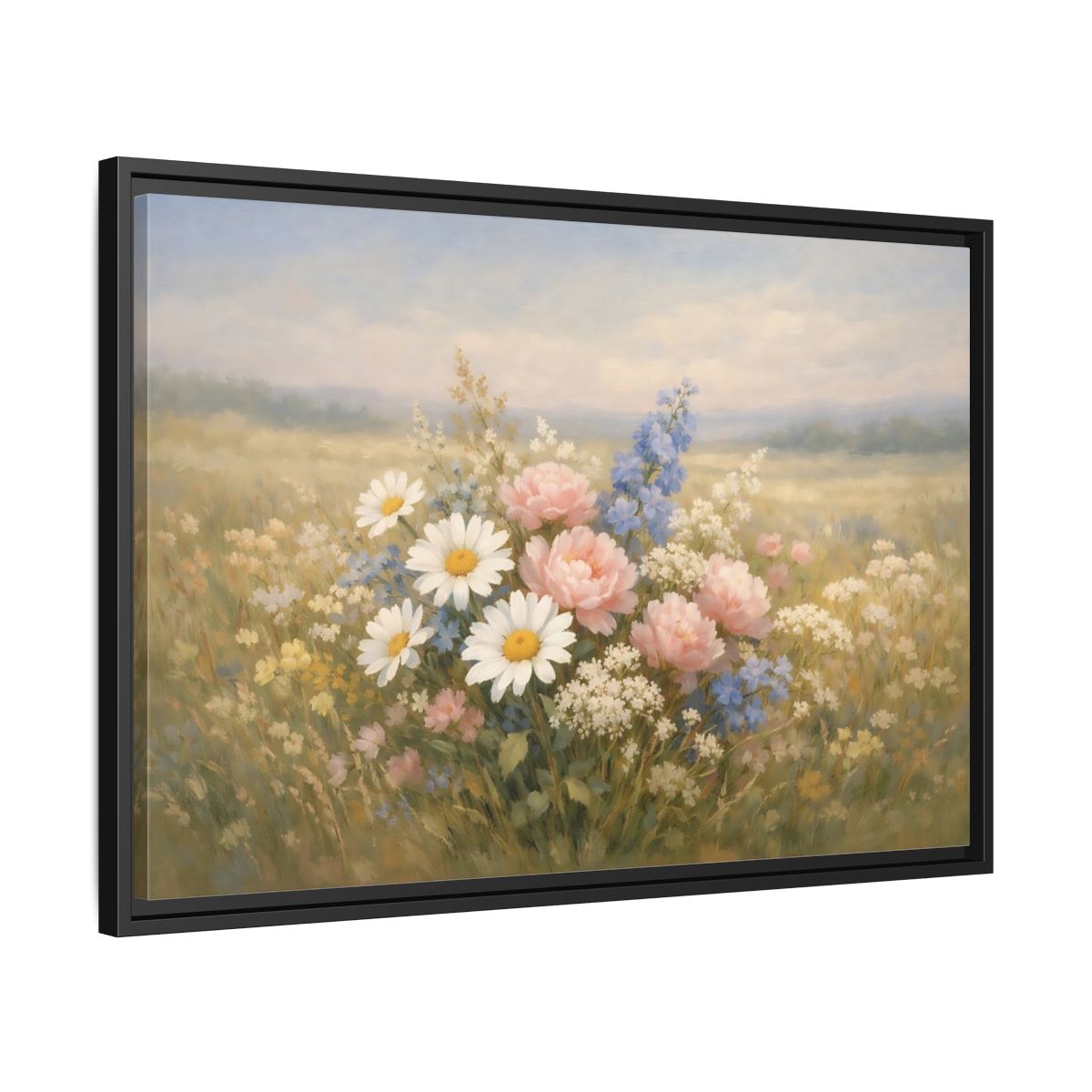 Side Mockup 14. Floral Flower Bouquet Pastel Flower Field shown as stretched canvas wall art