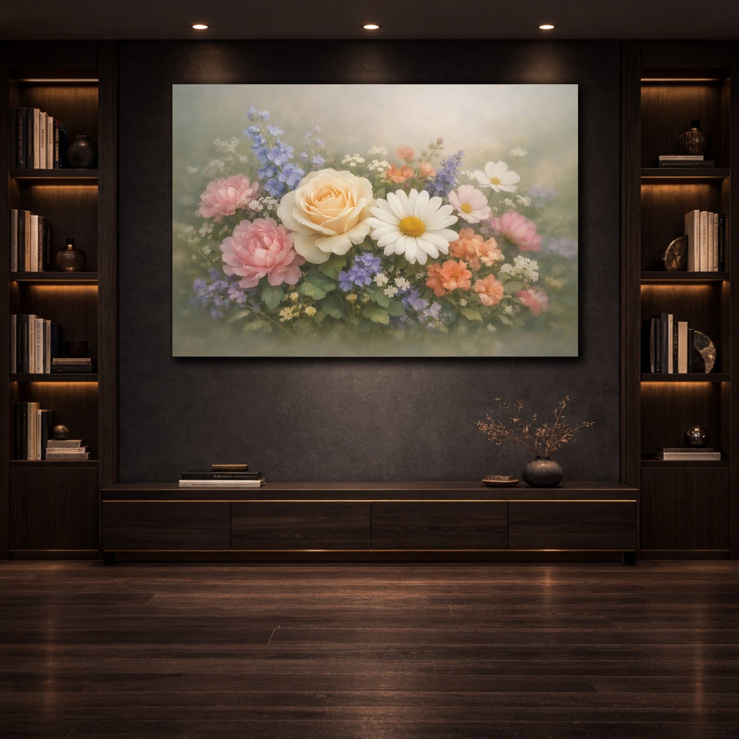 Floral Flower Bouquet Pastel Floral shown as front canvas room wall art