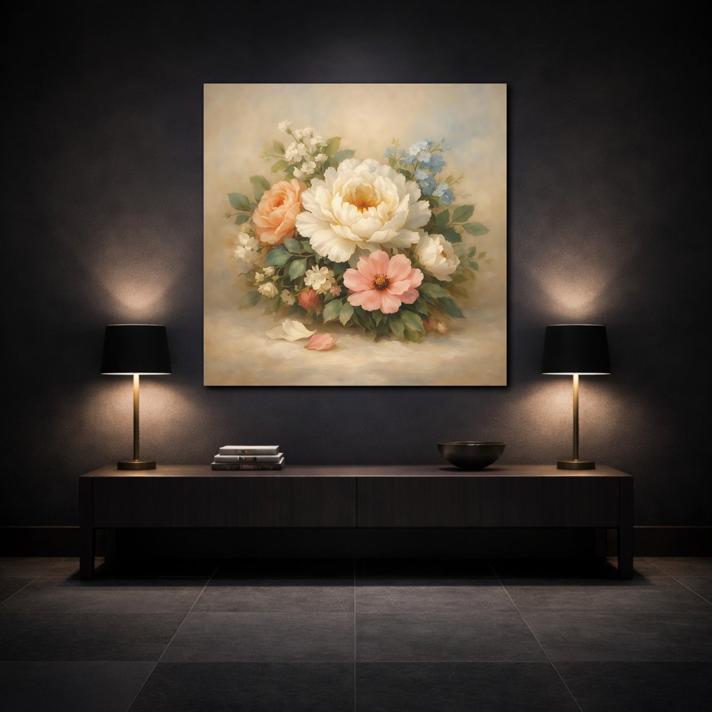 Mockup 3. Floral Flower Bouquet Pastel Floral shown as stretched canvas wall art