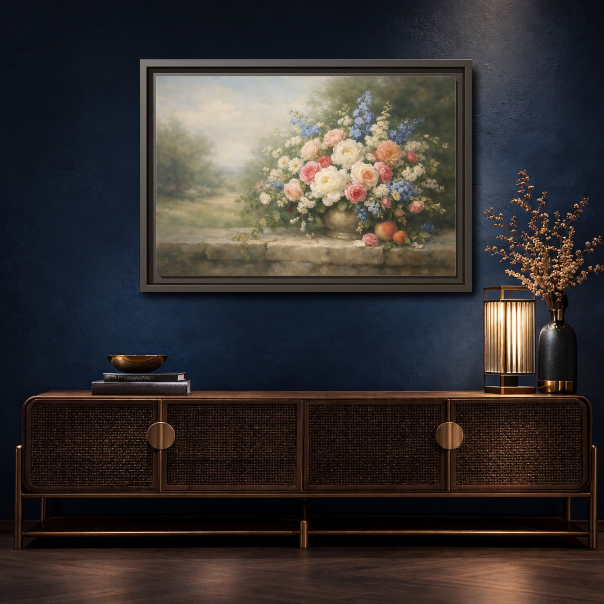 Mockup 4. Floral Flower Bouquet Pastel Floral Still Life shown as stretched canvas wall art
