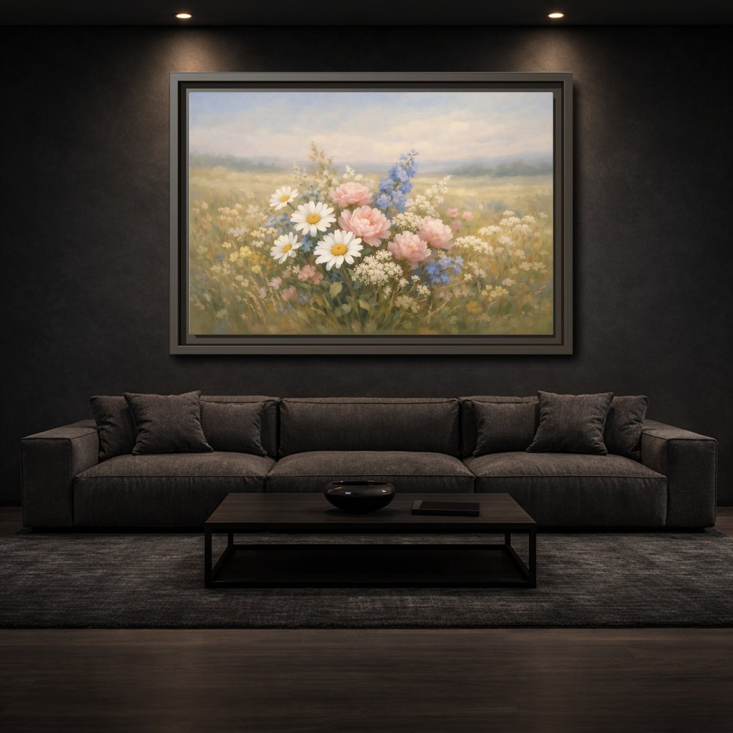 Mockup 2. Floral Flower Bouquet Pastel Flower Field shown as stretched canvas wall art