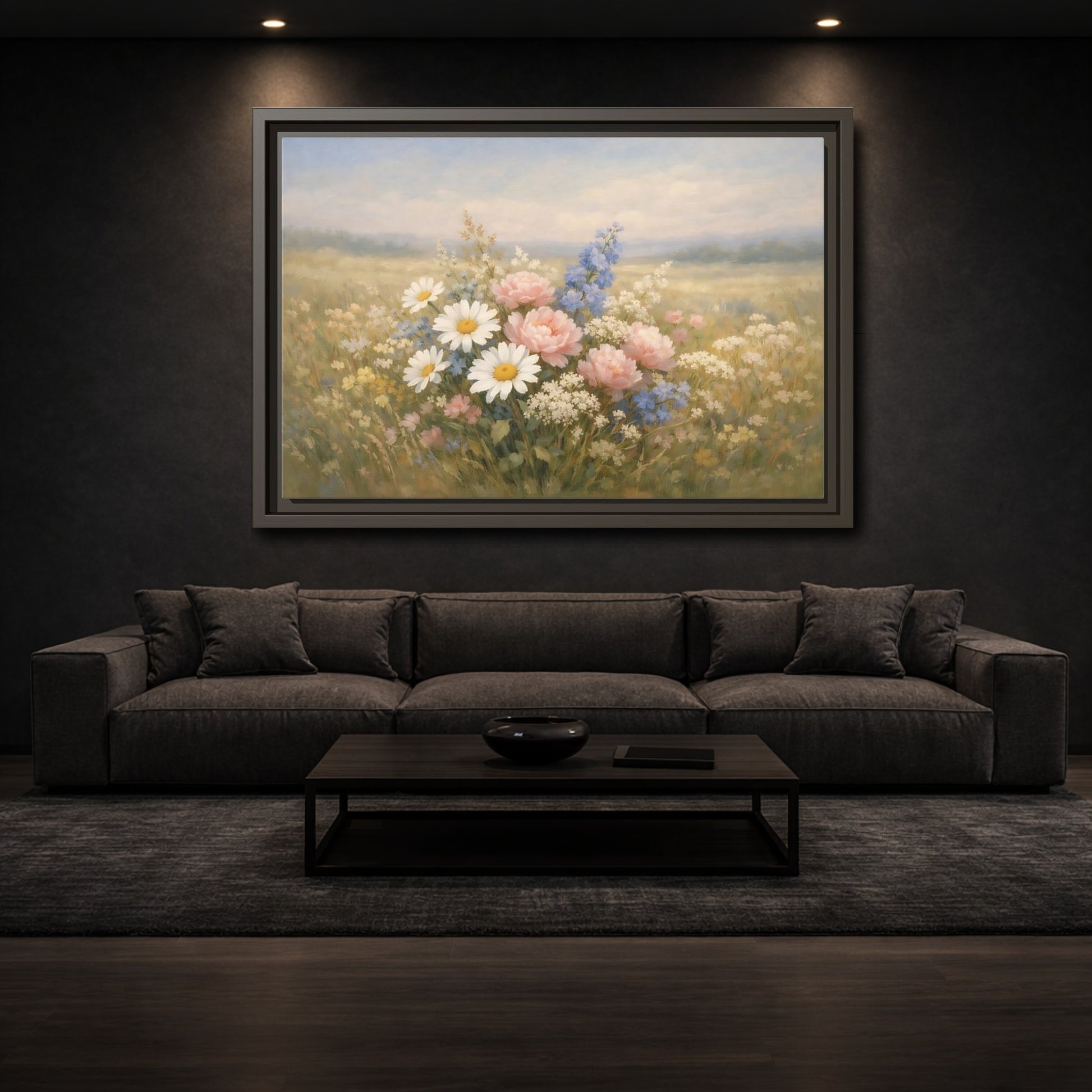 Mockup 2. Floral Flower Bouquet Pastel Flower Field shown as stretched canvas wall art