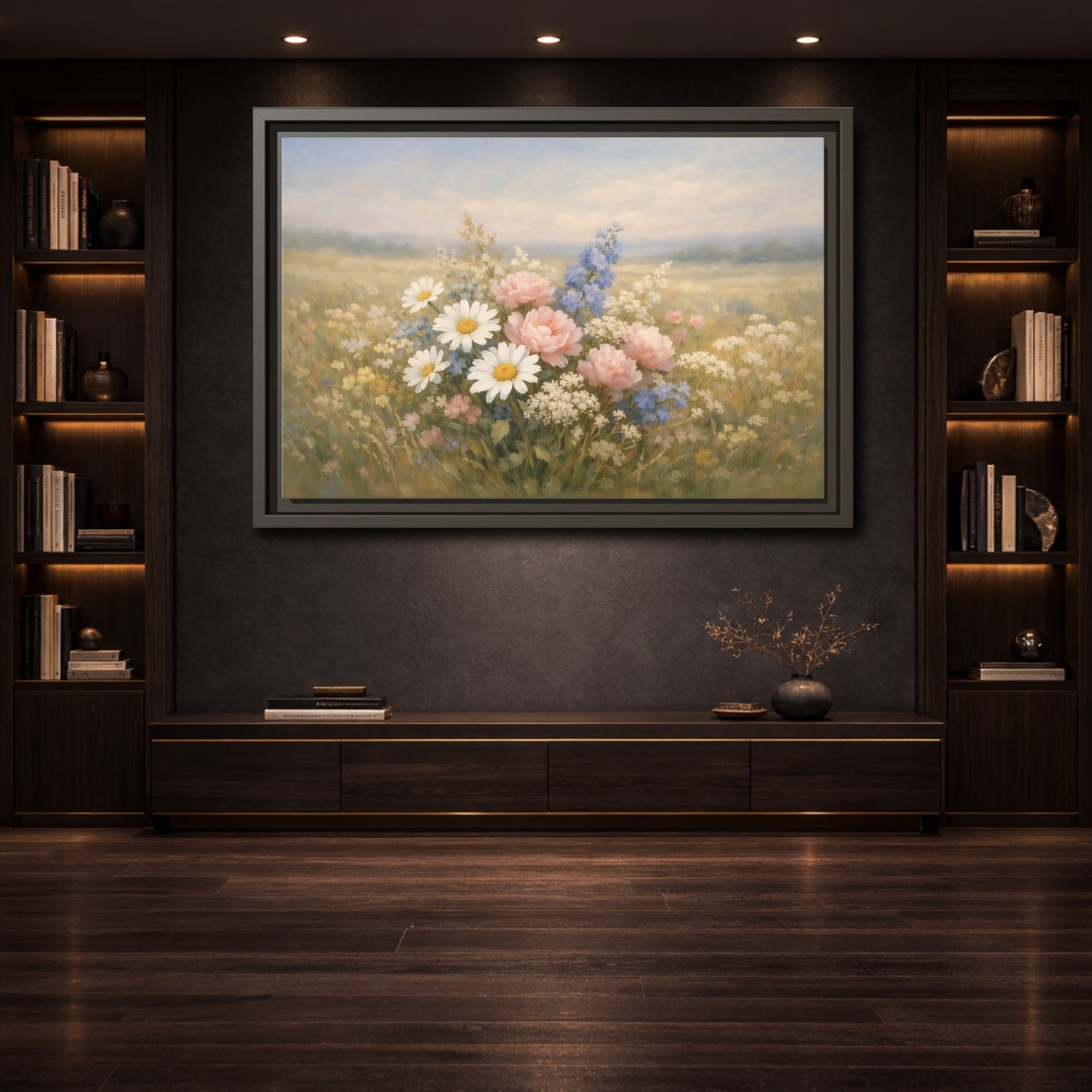 Mockup 3. Floral Flower Bouquet Pastel Flower Field shown as stretched canvas wall art