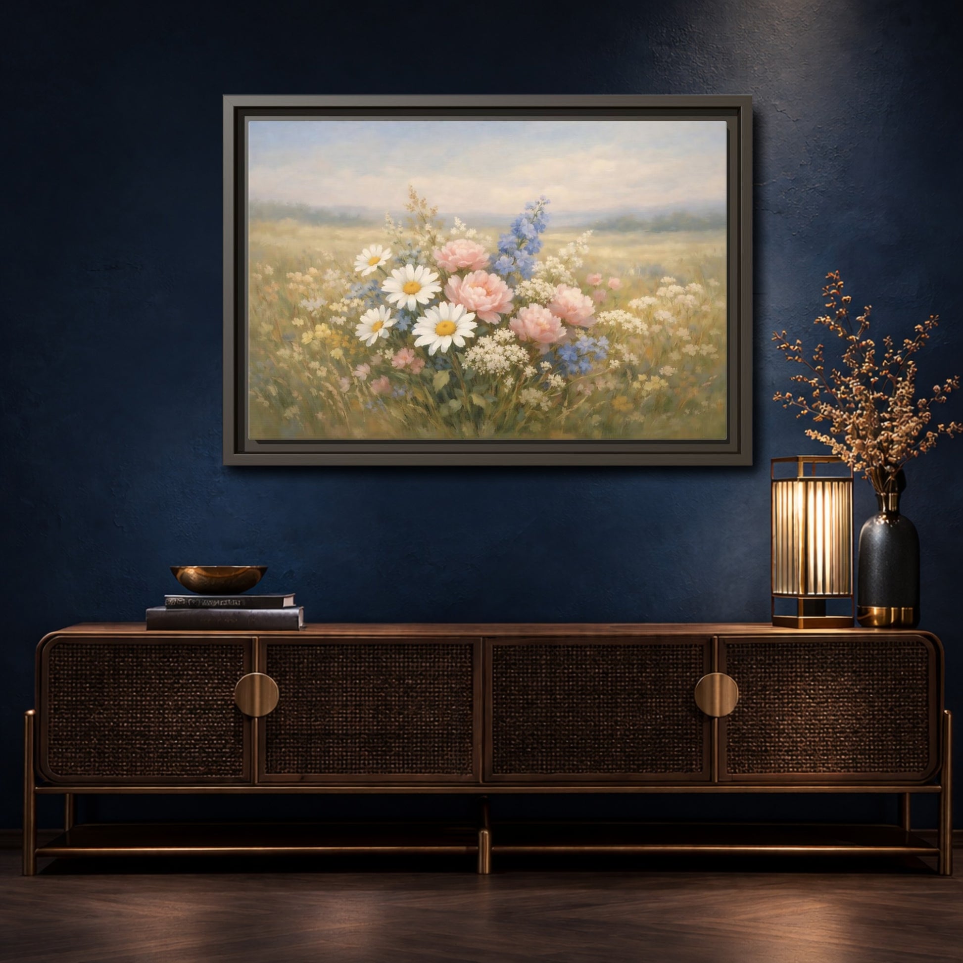 Mockup 4. Floral Flower Bouquet Pastel Flower Field shown as stretched canvas wall art