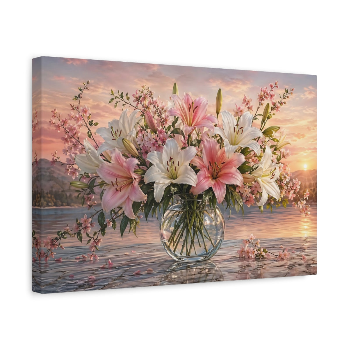 Side Mockup 4. Floral Flower Bouquet Pink And White Floral shown as stretched canvas wall art