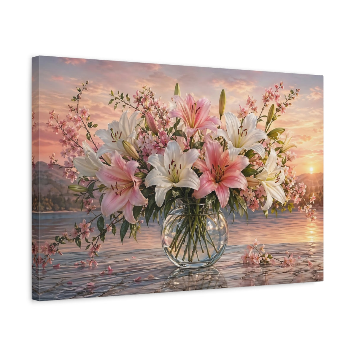 Side Mockup 3. Floral Flower Bouquet Pink And White Floral shown as stretched canvas wall art