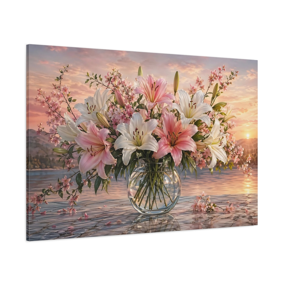 Side Mockup 1. Floral Flower Bouquet Pink And White Floral shown as stretched canvas wall art
