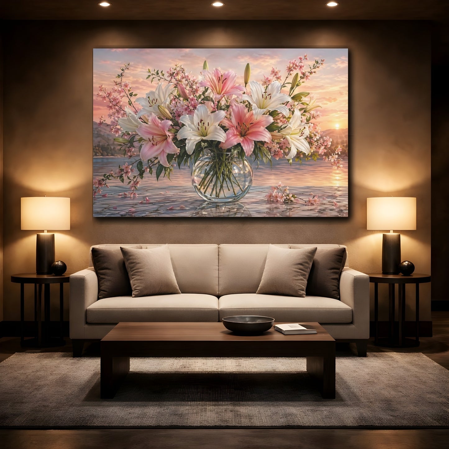 Mockup 2. Floral Flower Bouquet Pink And White Floral shown as stretched canvas wall art