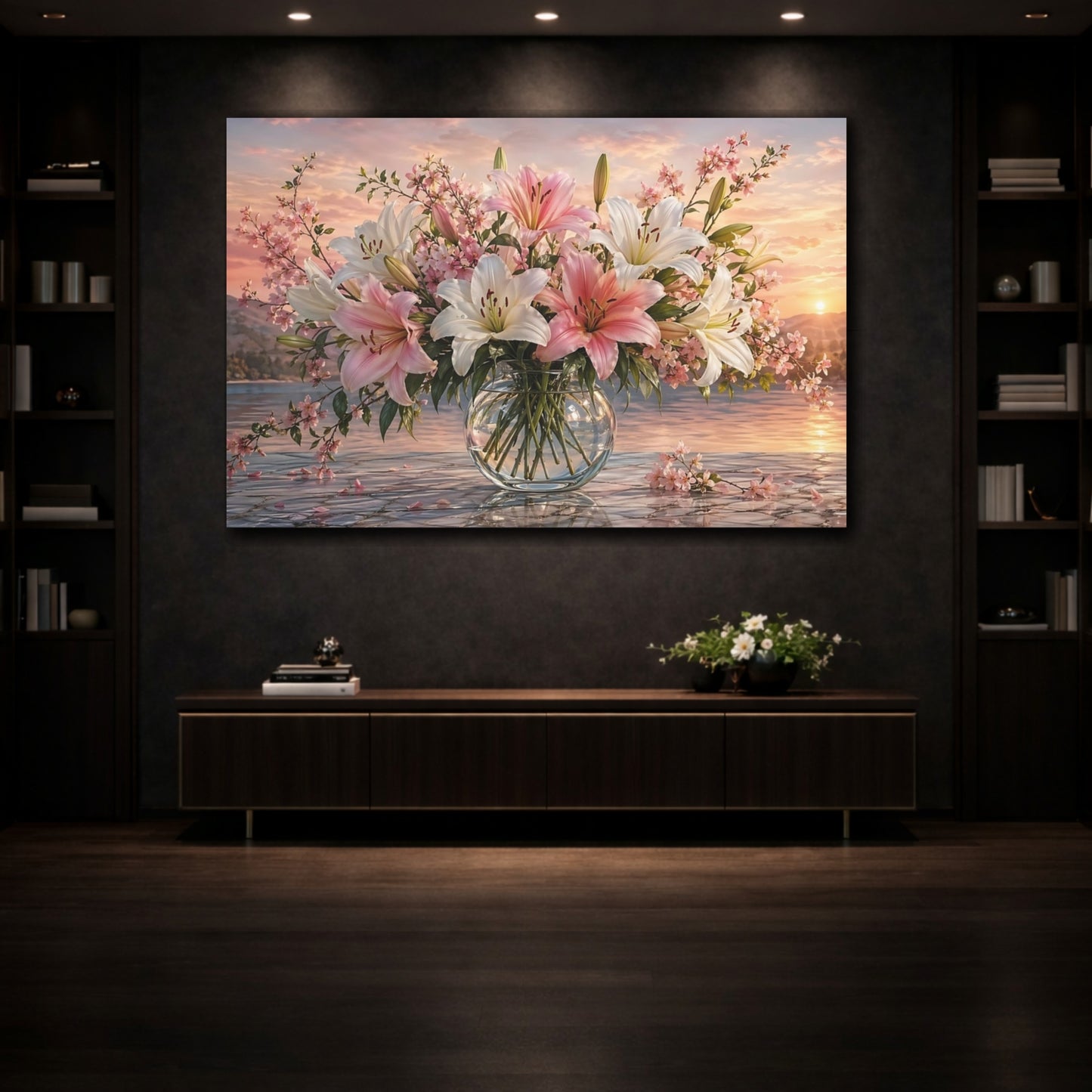 Mockup 3. Floral Flower Bouquet Pink And White Floral shown as stretched canvas wall art