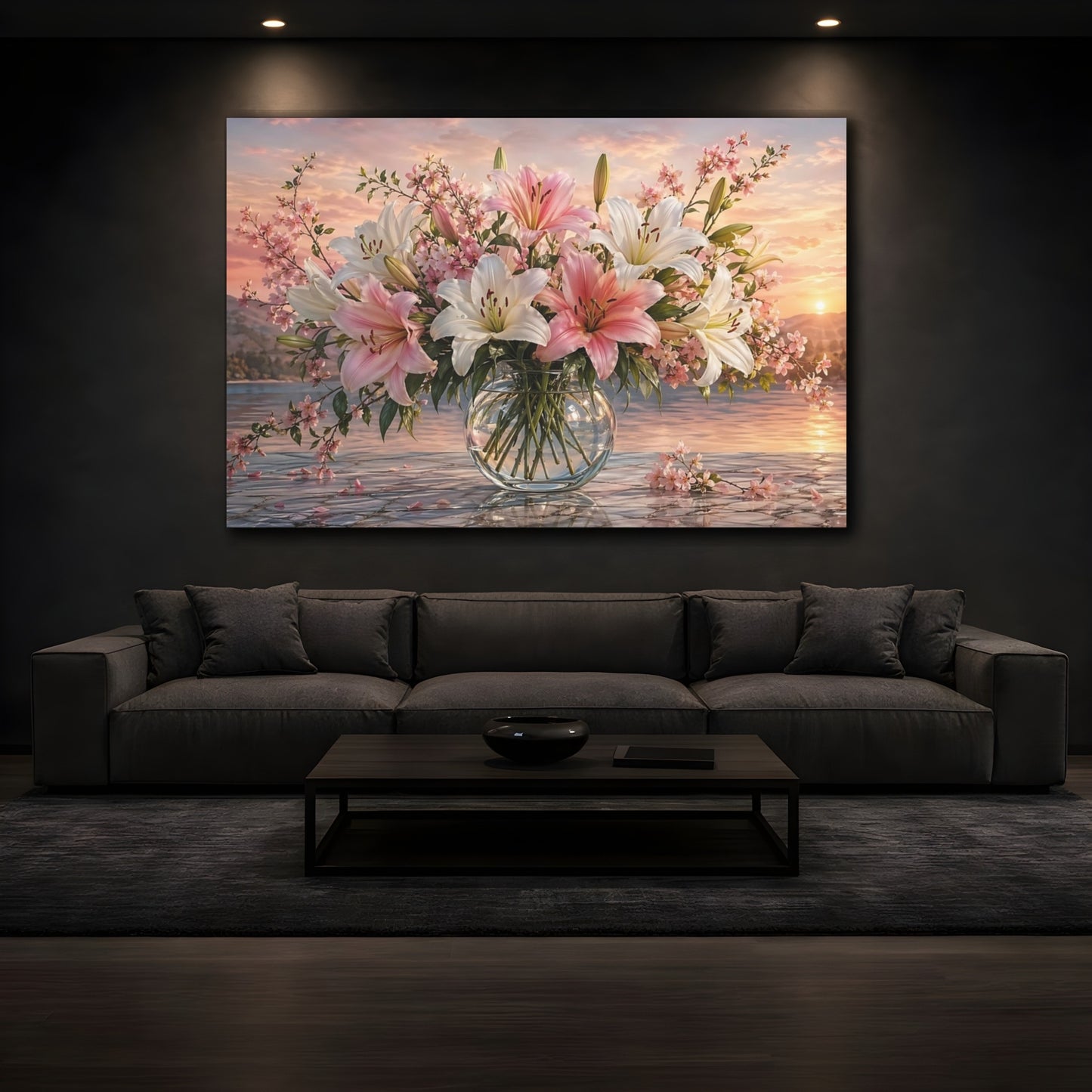 Mockup 4. Floral Flower Bouquet Pink And White Floral shown as stretched canvas wall art