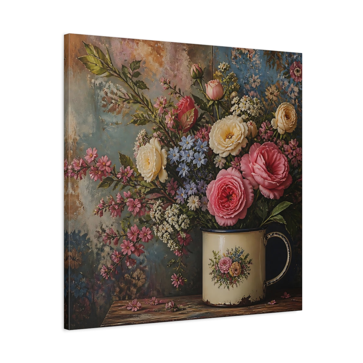 Side Mockup 3. Floral Flower Bouquet Pink Blue Floral shown as stretched canvas wall art