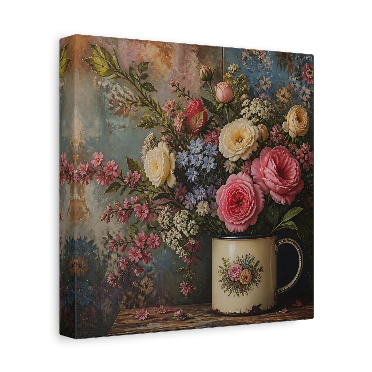 Side Mockup 9. Floral Flower Bouquet Pink Blue Floral shown as stretched canvas wall art