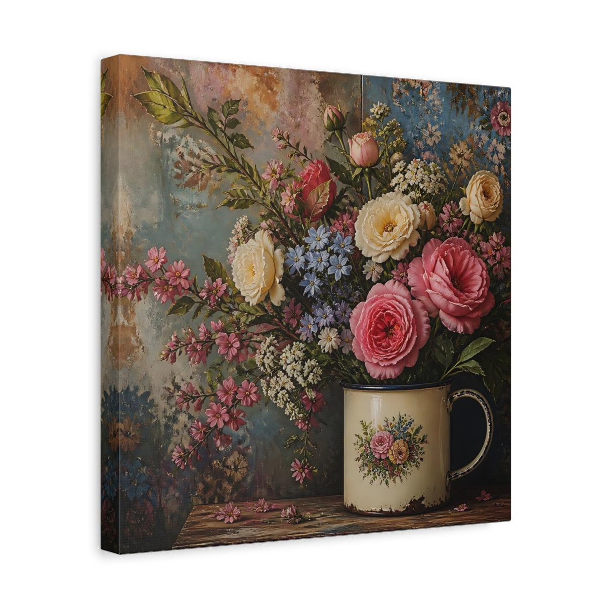 Side Mockup 7. Floral Flower Bouquet Pink Blue Floral shown as stretched canvas wall art