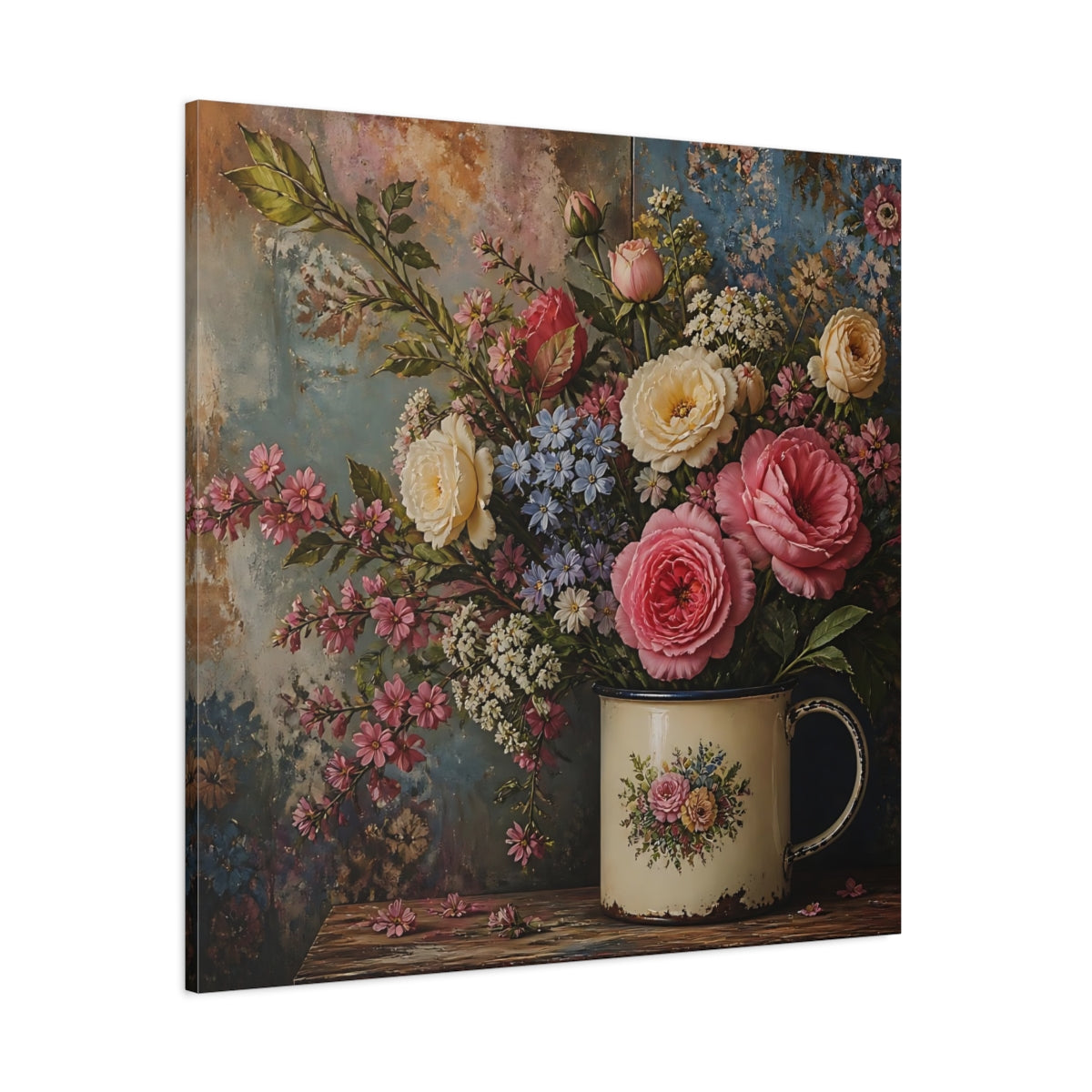Side Mockup 1. Floral Flower Bouquet Pink Blue Floral shown as stretched canvas wall art