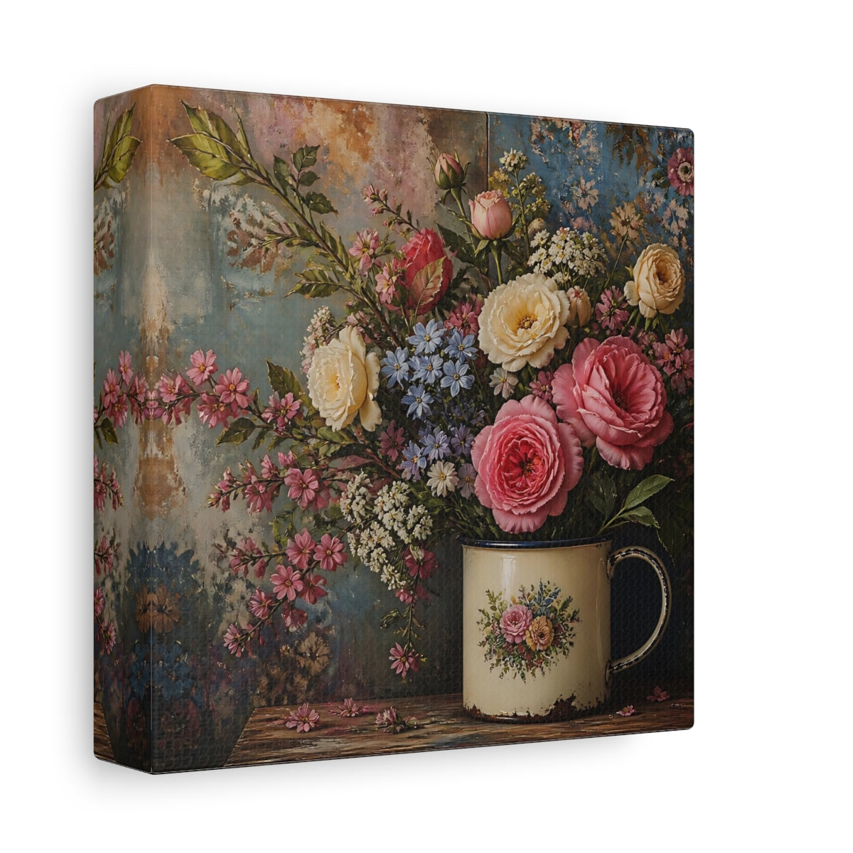 Side Mockup 2. Floral Flower Bouquet Pink Blue Floral shown as stretched canvas wall art