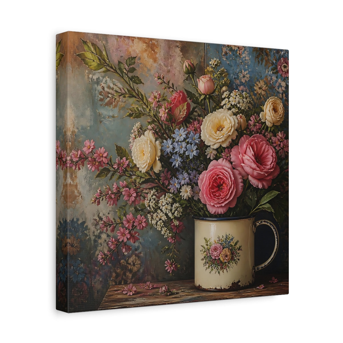 Side Mockup 8. Floral Flower Bouquet Pink Blue Floral shown as stretched canvas wall art