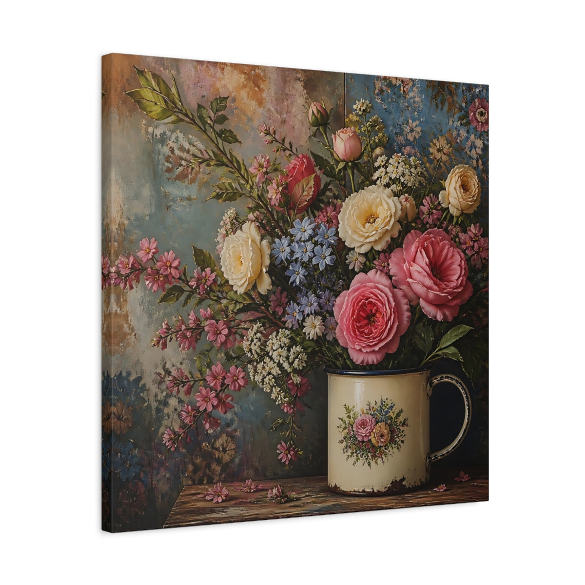 Side Mockup 4. Floral Flower Bouquet Pink Blue Floral shown as stretched canvas wall art