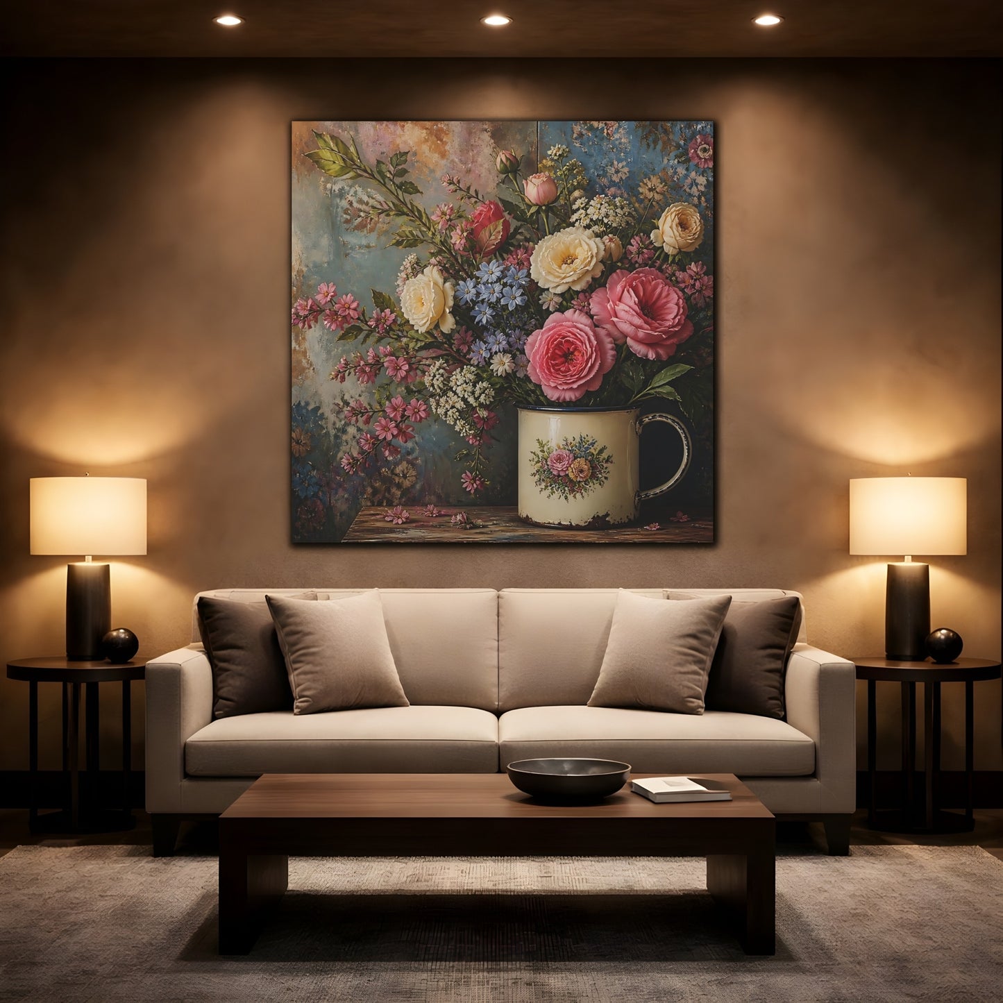 Mockup 2. Floral Flower Bouquet Pink Blue Floral shown as stretched canvas wall art