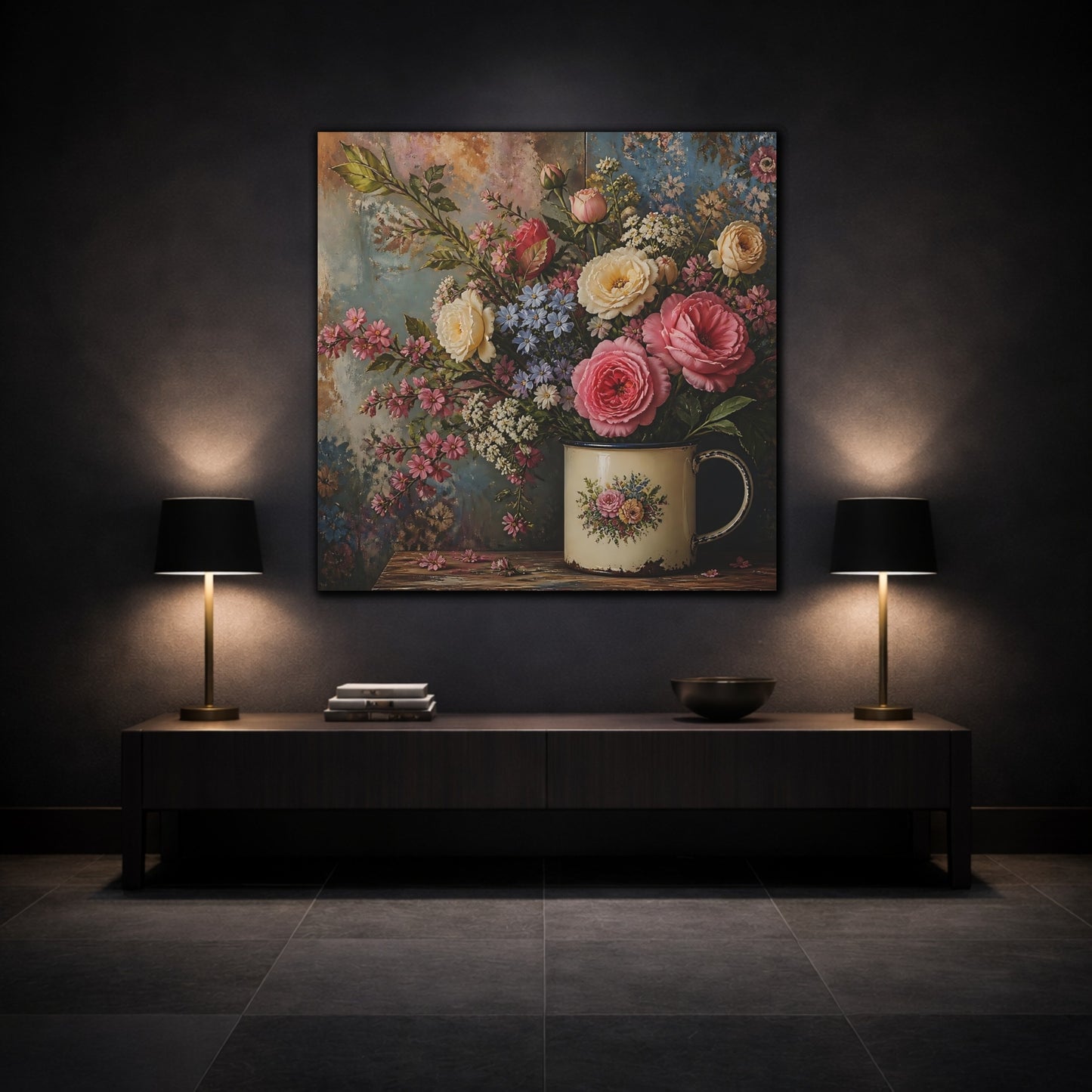 Mockup 3. Floral Flower Bouquet Pink Blue Floral shown as stretched canvas wall art