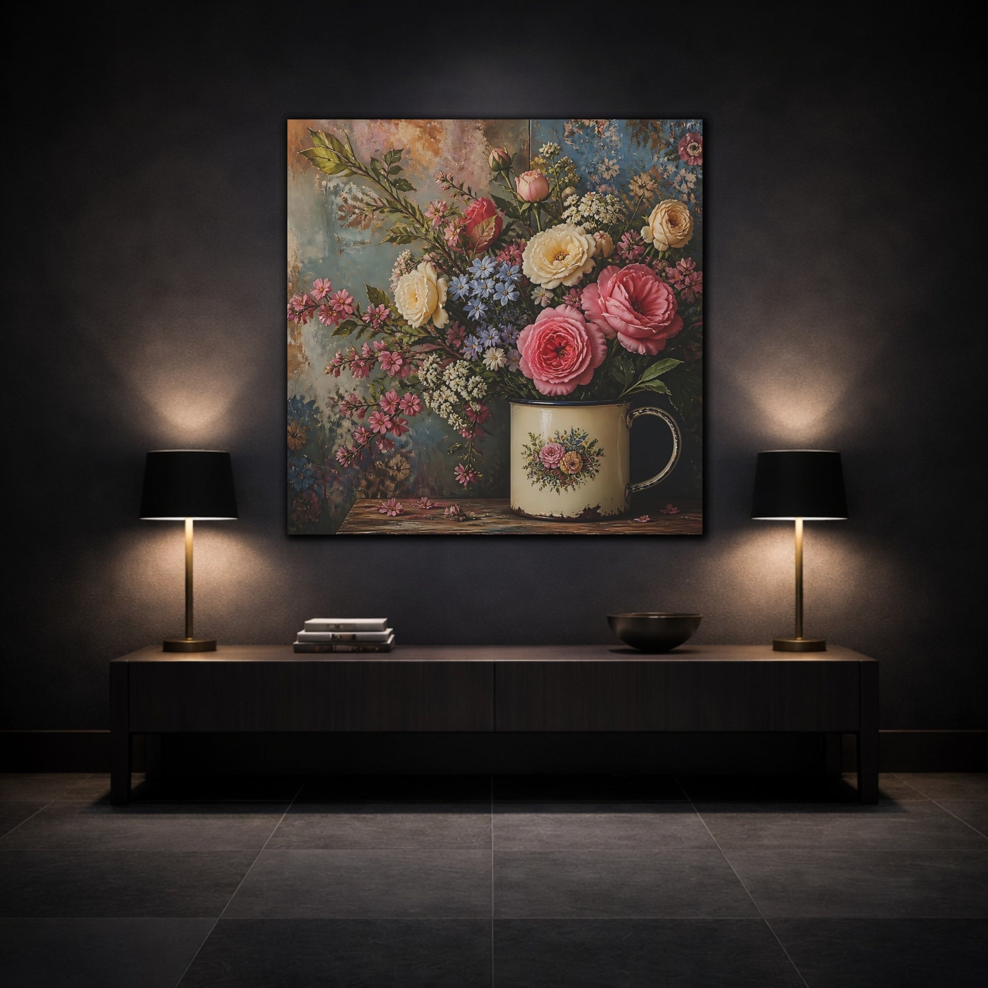 Mockup 3. Floral Flower Bouquet Pink Blue Floral shown as stretched canvas wall art