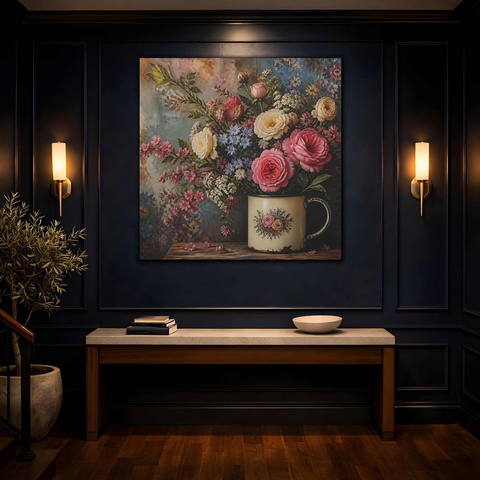 Mockup 4. Floral Flower Bouquet Pink Blue Floral shown as stretched canvas wall art