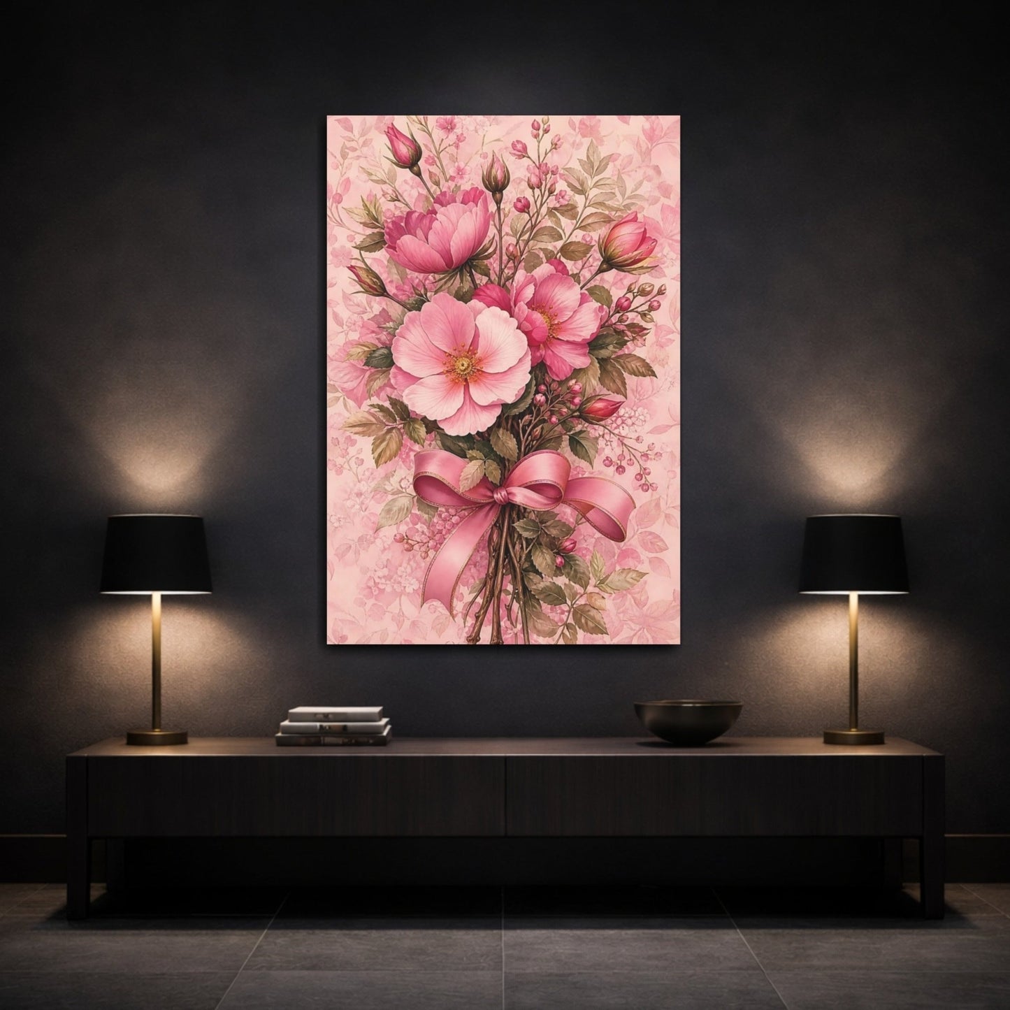 Floral Flower Bouquet Pink Canvas Print Wall Art – Living Room Decor, Large - YesArtYes