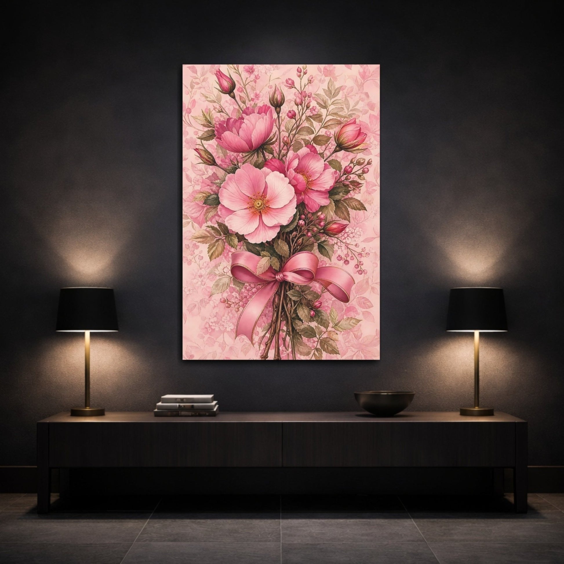Floral Flower Bouquet Pink Canvas Print Wall Art – Living Room Decor, Large - YesArtYes