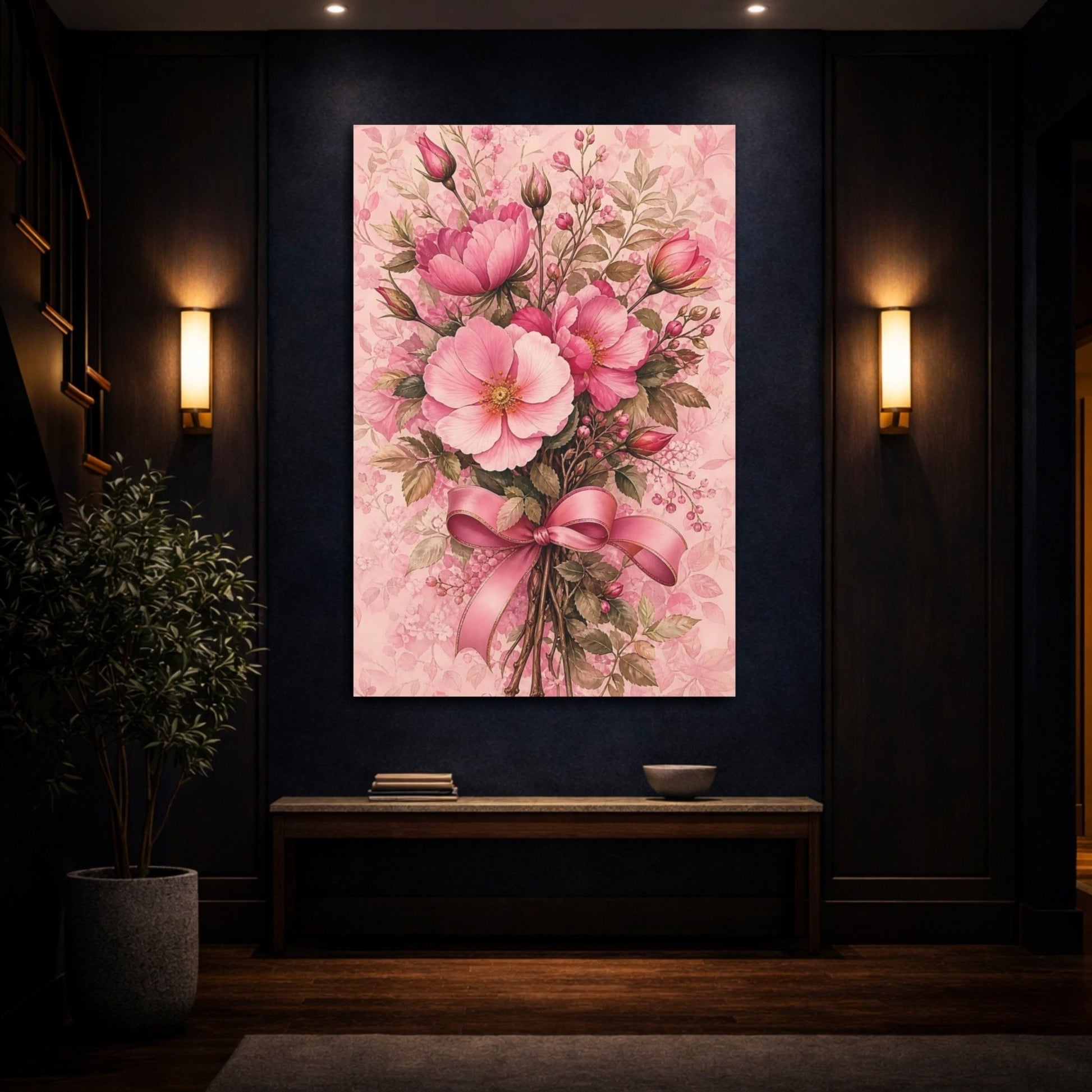 Floral Flower Bouquet Pink Canvas Print Wall Art – Living Room Decor, Large - YesArtYes