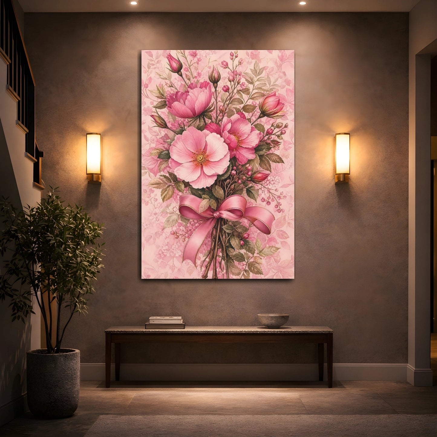 Floral Flower Bouquet Pink Canvas Print Wall Art – Living Room Decor, Large - YesArtYes