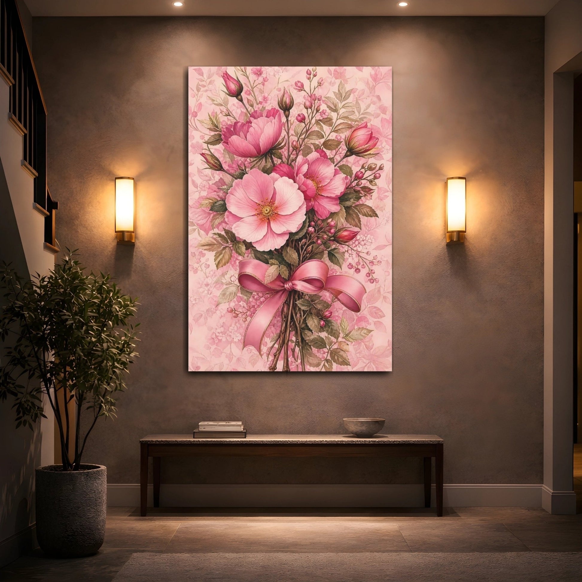 Floral Flower Bouquet Pink Canvas Print Wall Art – Living Room Decor, Large - YesArtYes