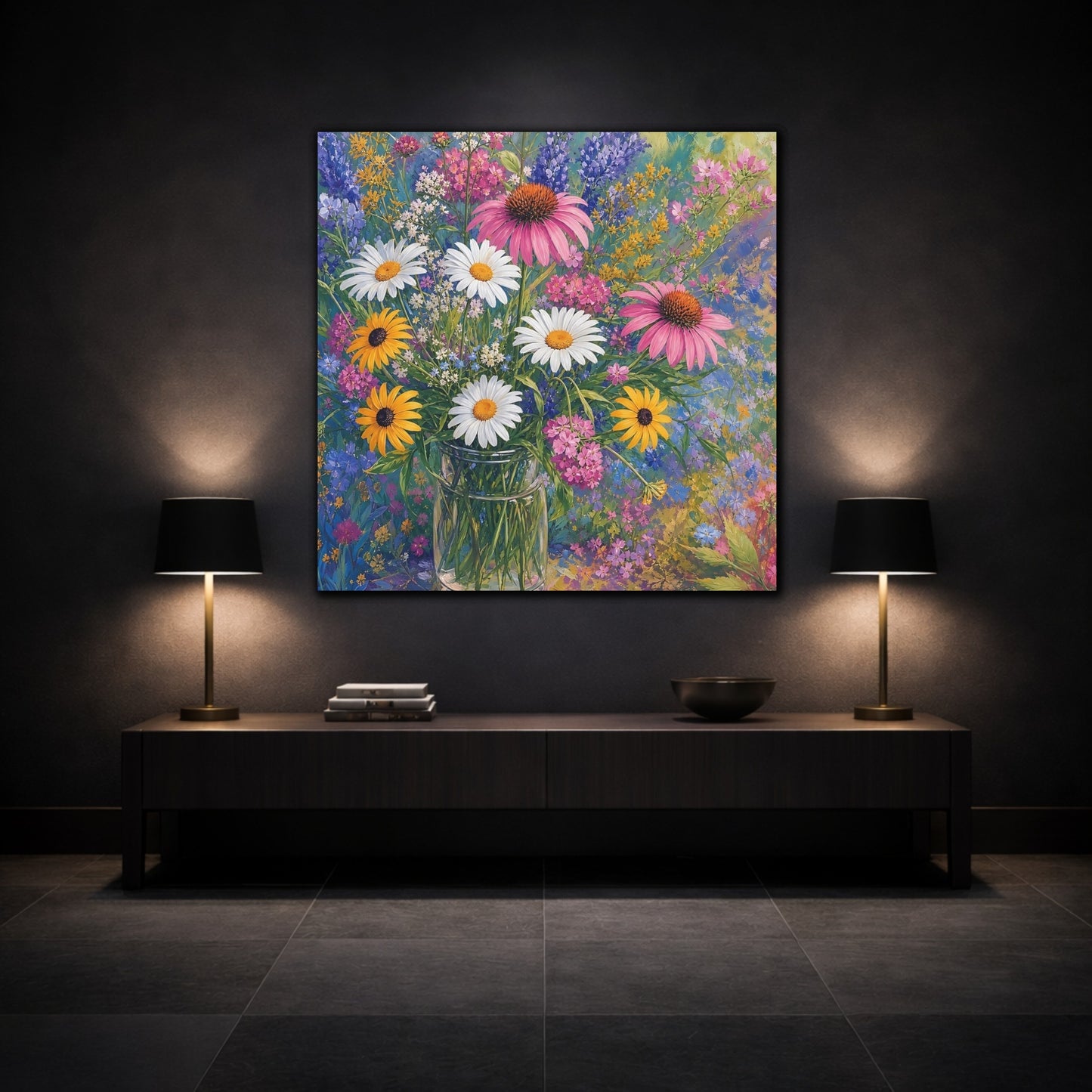 Mockup 3. Floral Flower Bouquet Vibrant Floral shown as stretched canvas wall art