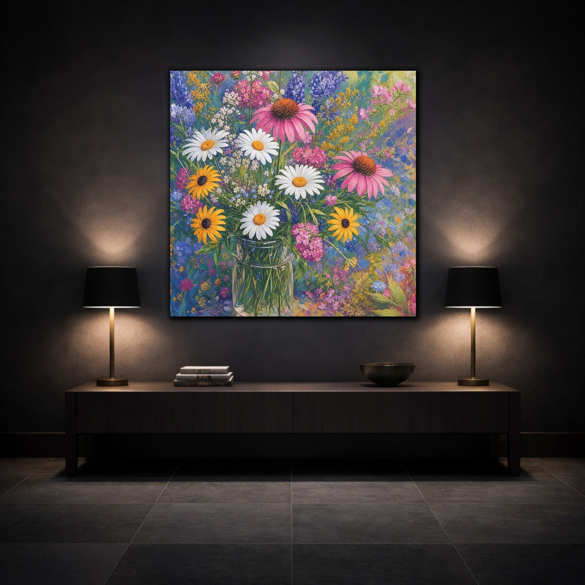 Mockup 3. Floral Flower Bouquet Vibrant Floral shown as stretched canvas wall art