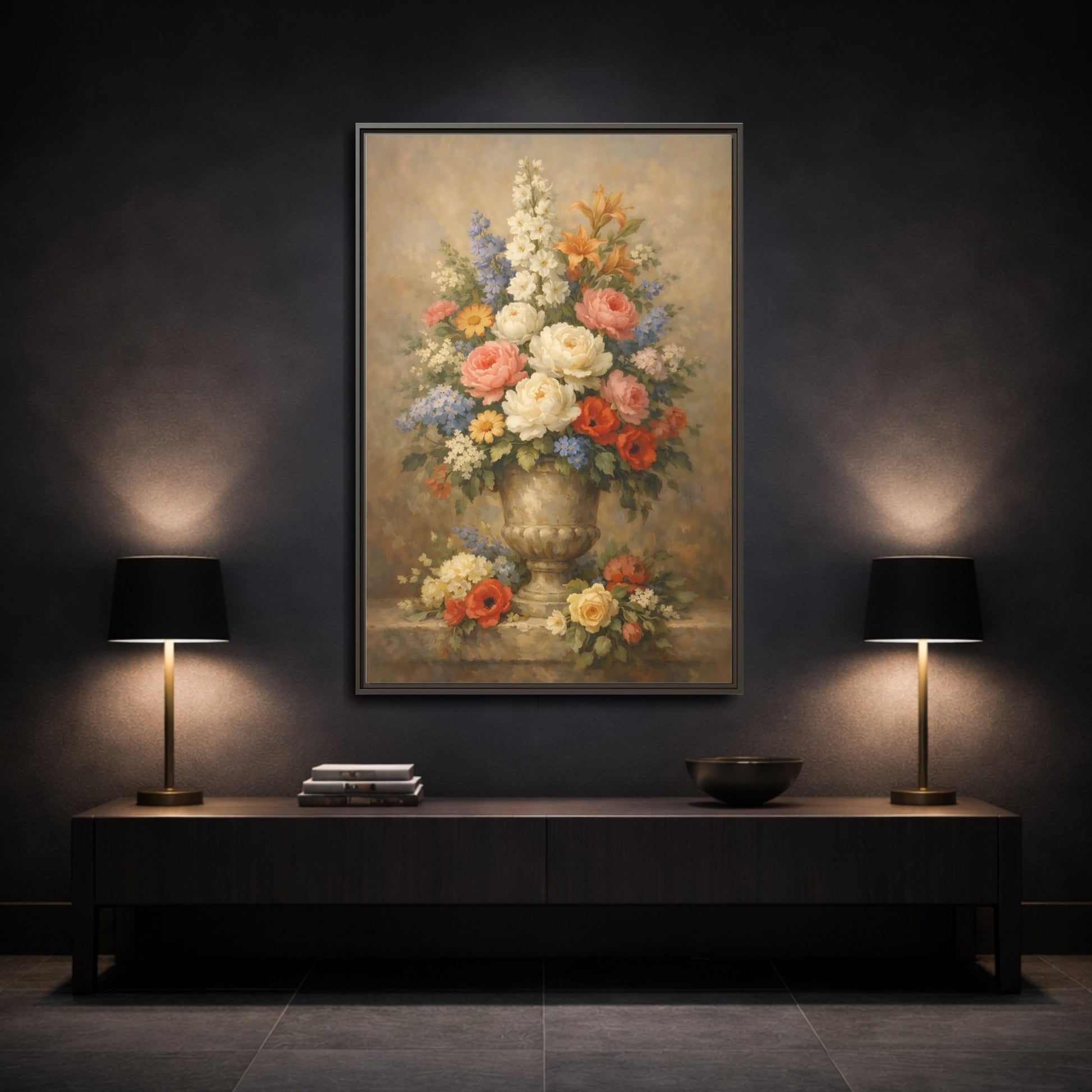 Mockup 2. Floral Flower Bouquet Vintage Floral Bouquet shown as stretched canvas wall art