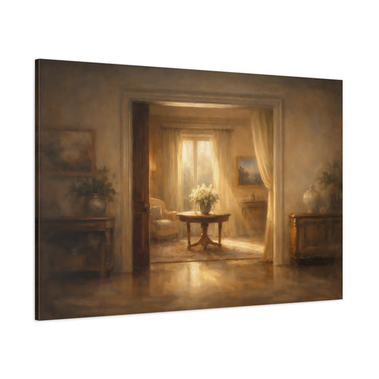 Main Mockup. Floral Flower Bouquet Warm Gold shown as stretched canvas wall art