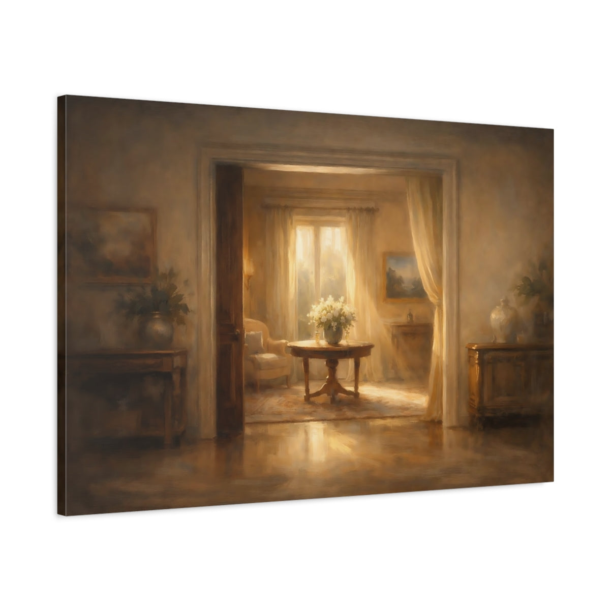 Side Mockup 1. Floral Flower Bouquet Warm Gold shown as stretched canvas wall art