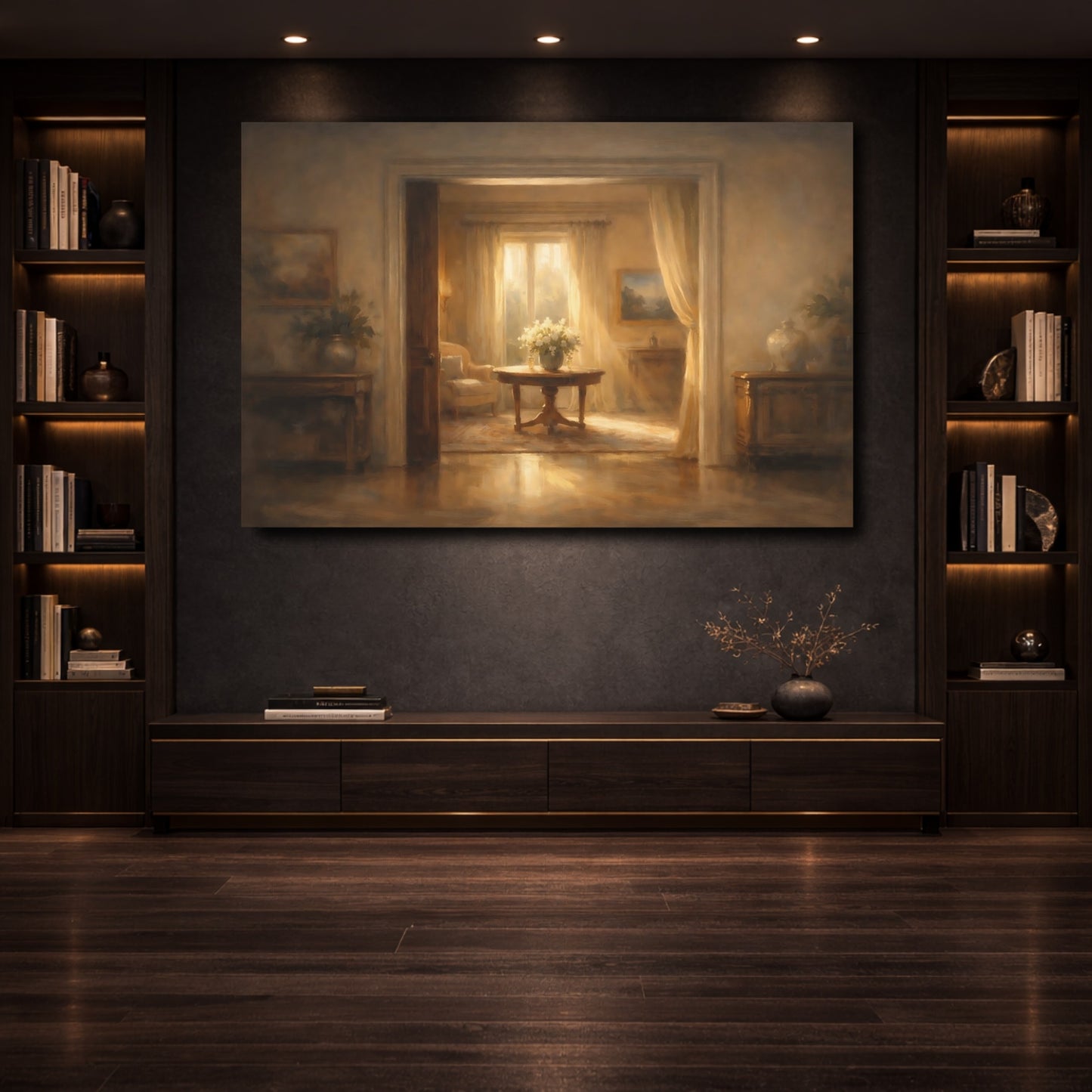 Mockup 3. Floral Flower Bouquet Warm Gold shown as stretched canvas wall art