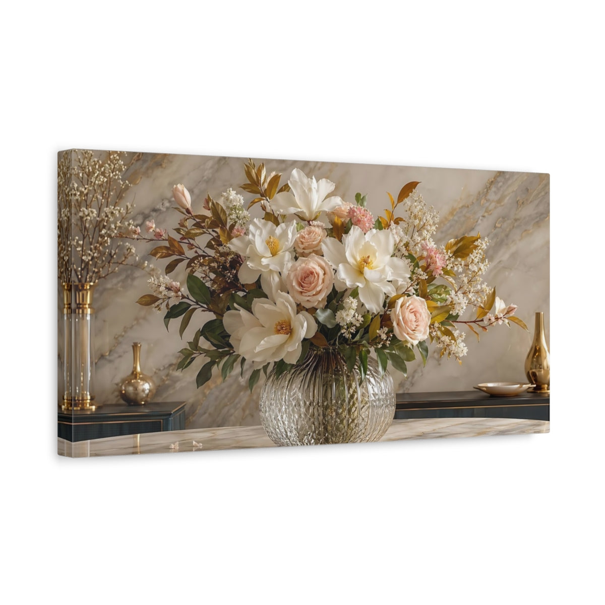 Side Mockup 3. Floral Flower Bouquet White Pink Gold Floral shown as stretched canvas wall art