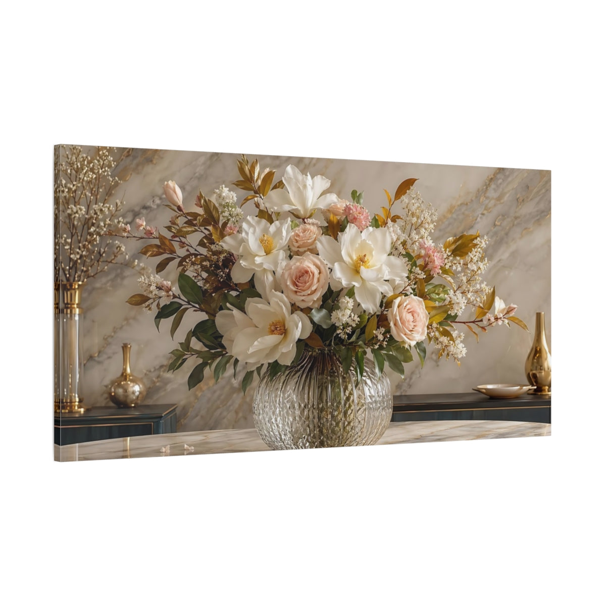 Side Mockup 2. Floral Flower Bouquet White Pink Gold Floral shown as stretched canvas wall art