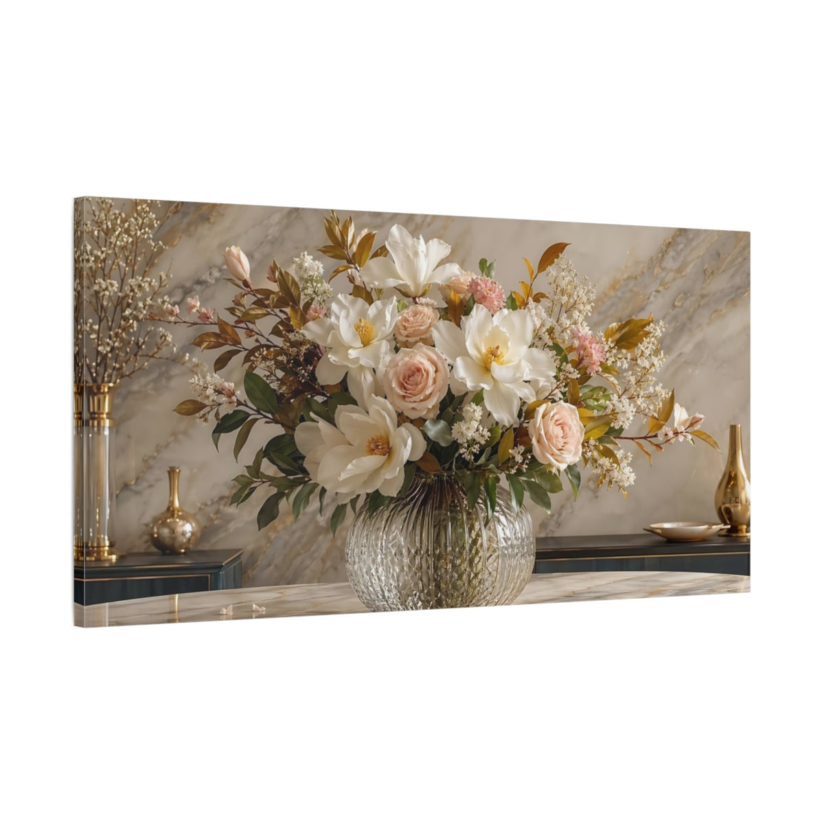 Main Mockup. Floral Flower Bouquet White Pink Gold Floral shown as stretched canvas wall art