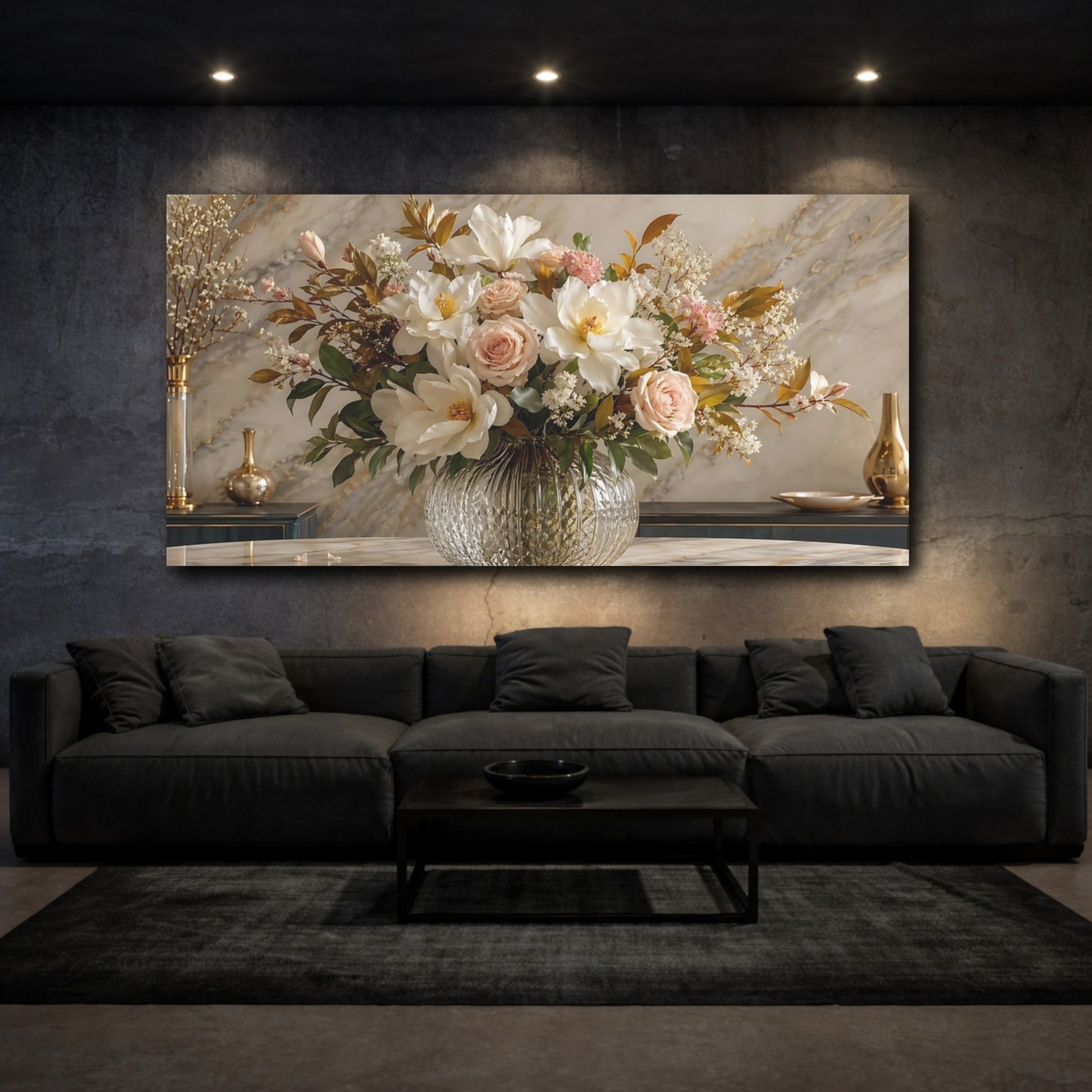 Mockup 2. Floral Flower Bouquet White Pink Gold Floral shown as stretched canvas wall art