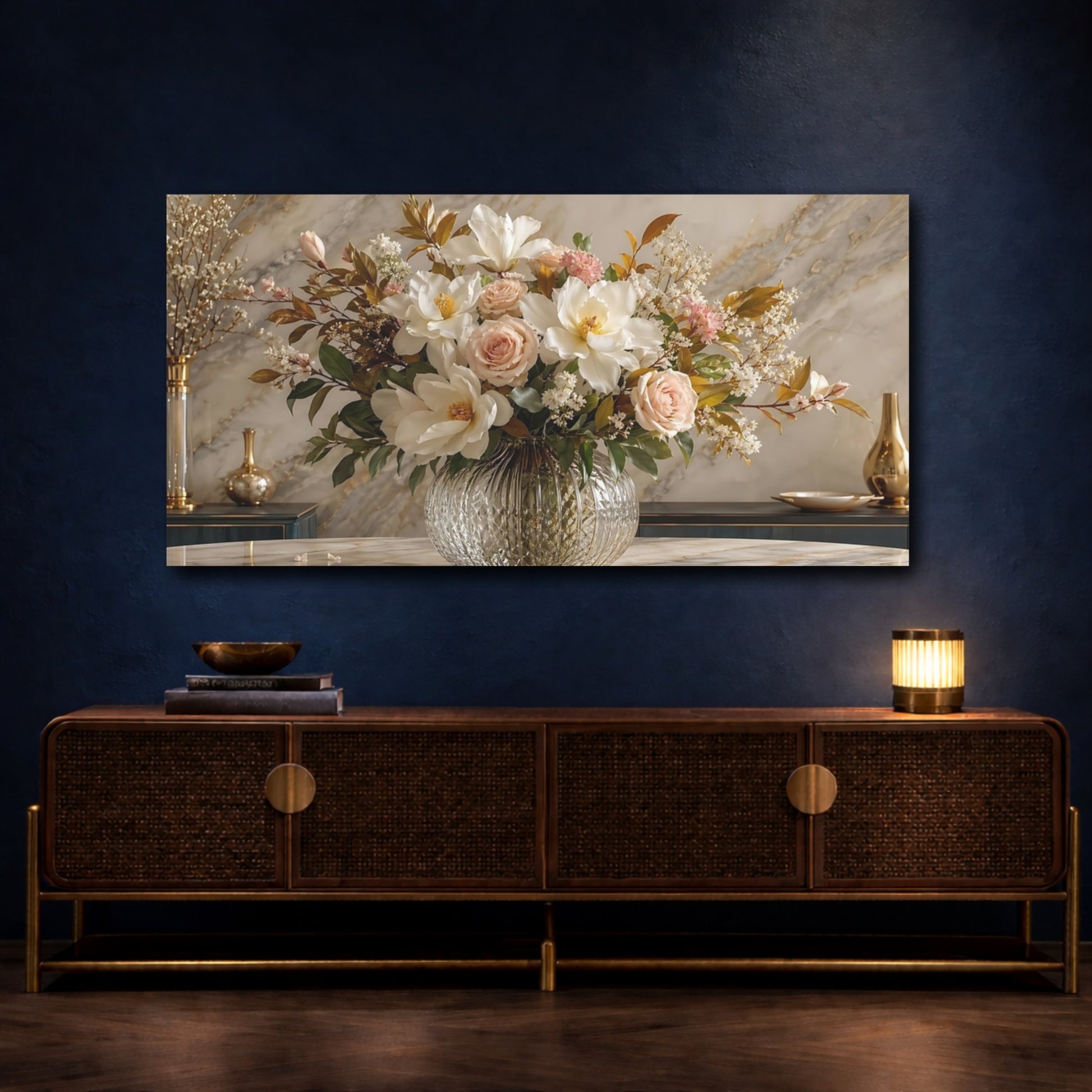 Mockup 3. Floral Flower Bouquet White Pink Gold Floral shown as stretched canvas wall art