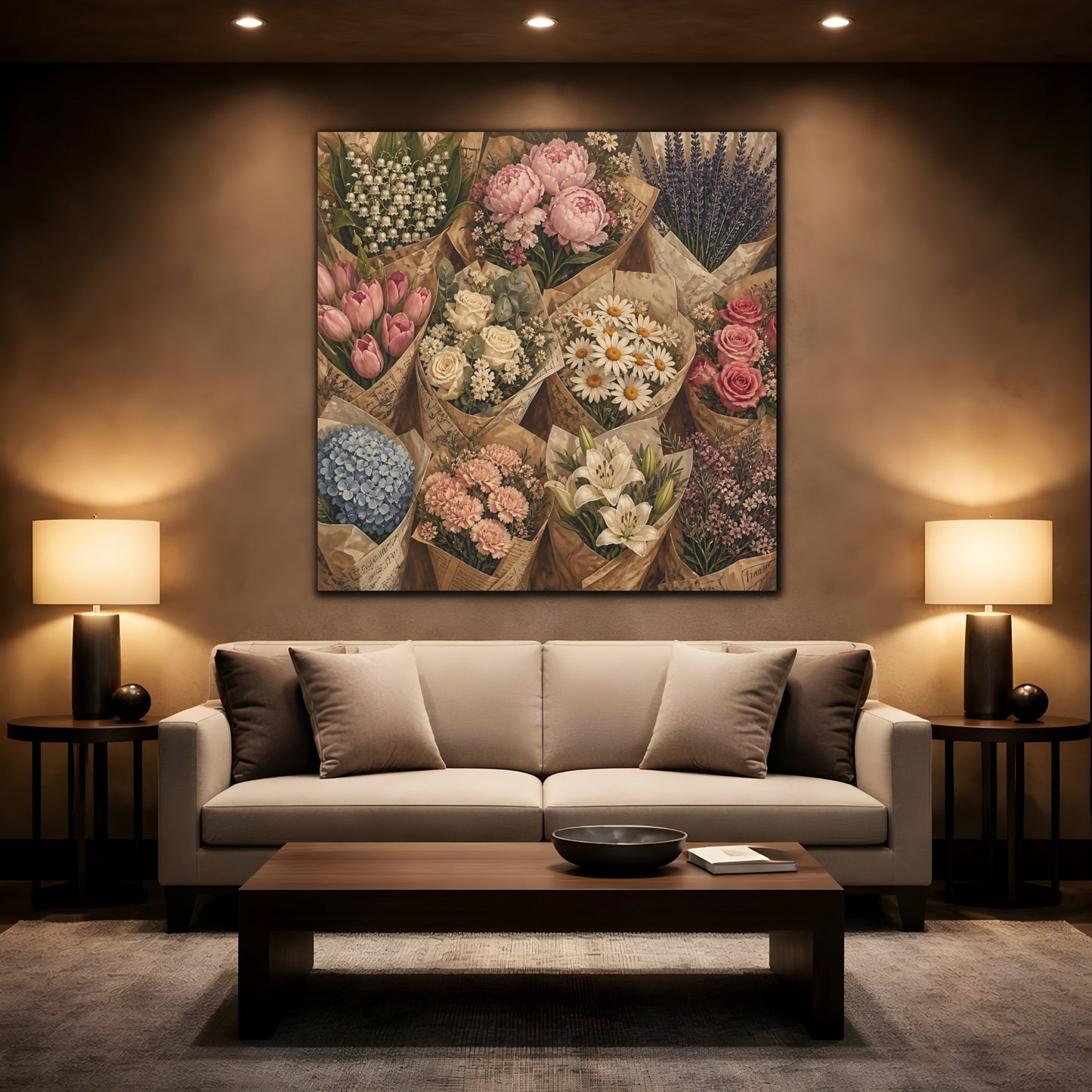 Mockup 2. Floral Flower Bouquets Vintage Flower Market shown as stretched canvas wall art