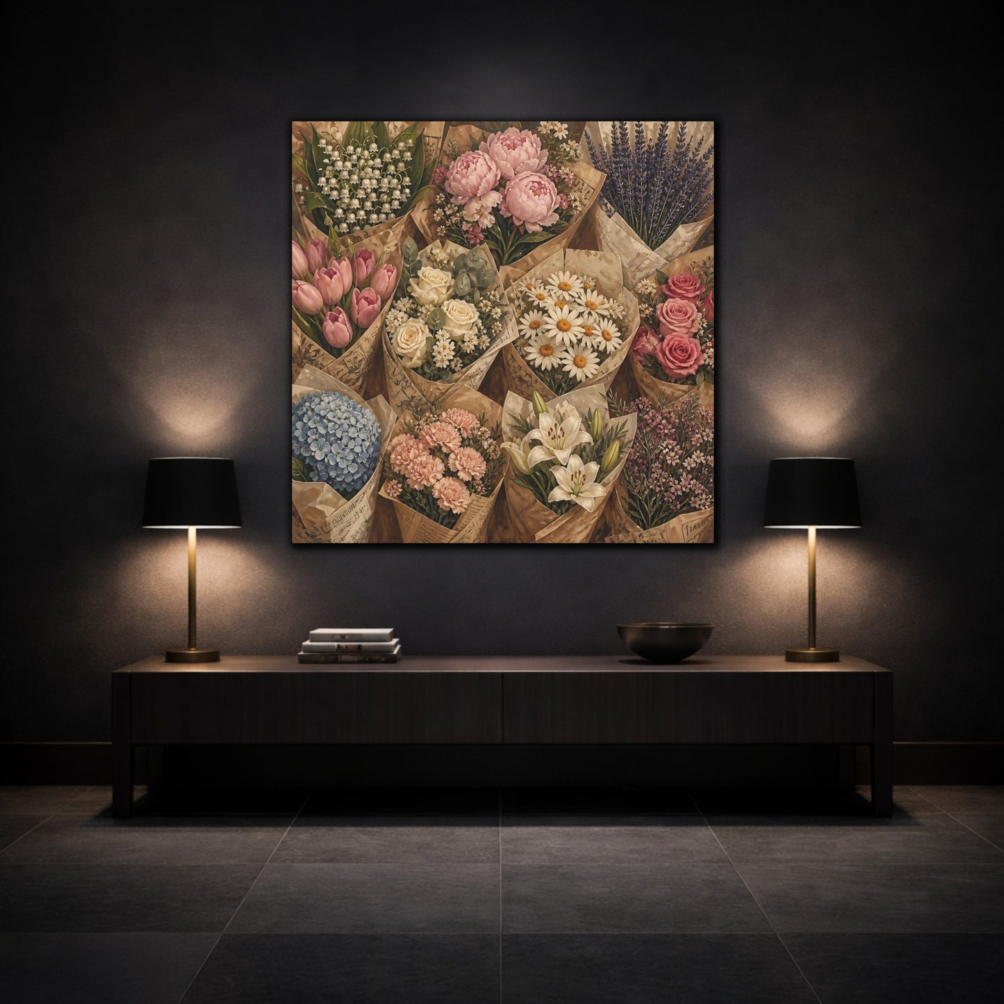 Mockup 3. Floral Flower Bouquets Vintage Flower Market shown as stretched canvas wall art