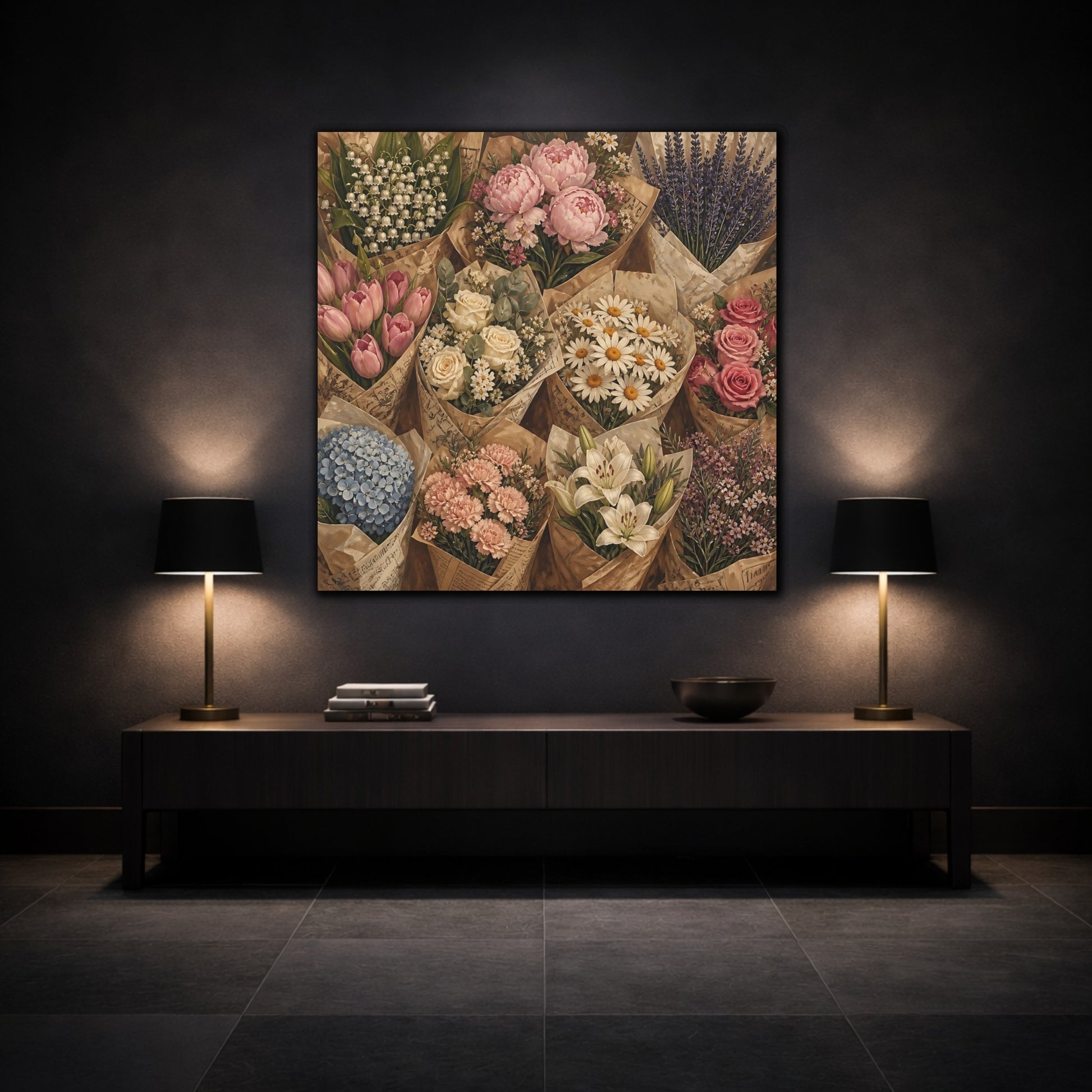 Mockup 3. Floral Flower Bouquets Vintage Flower Market shown as stretched canvas wall art