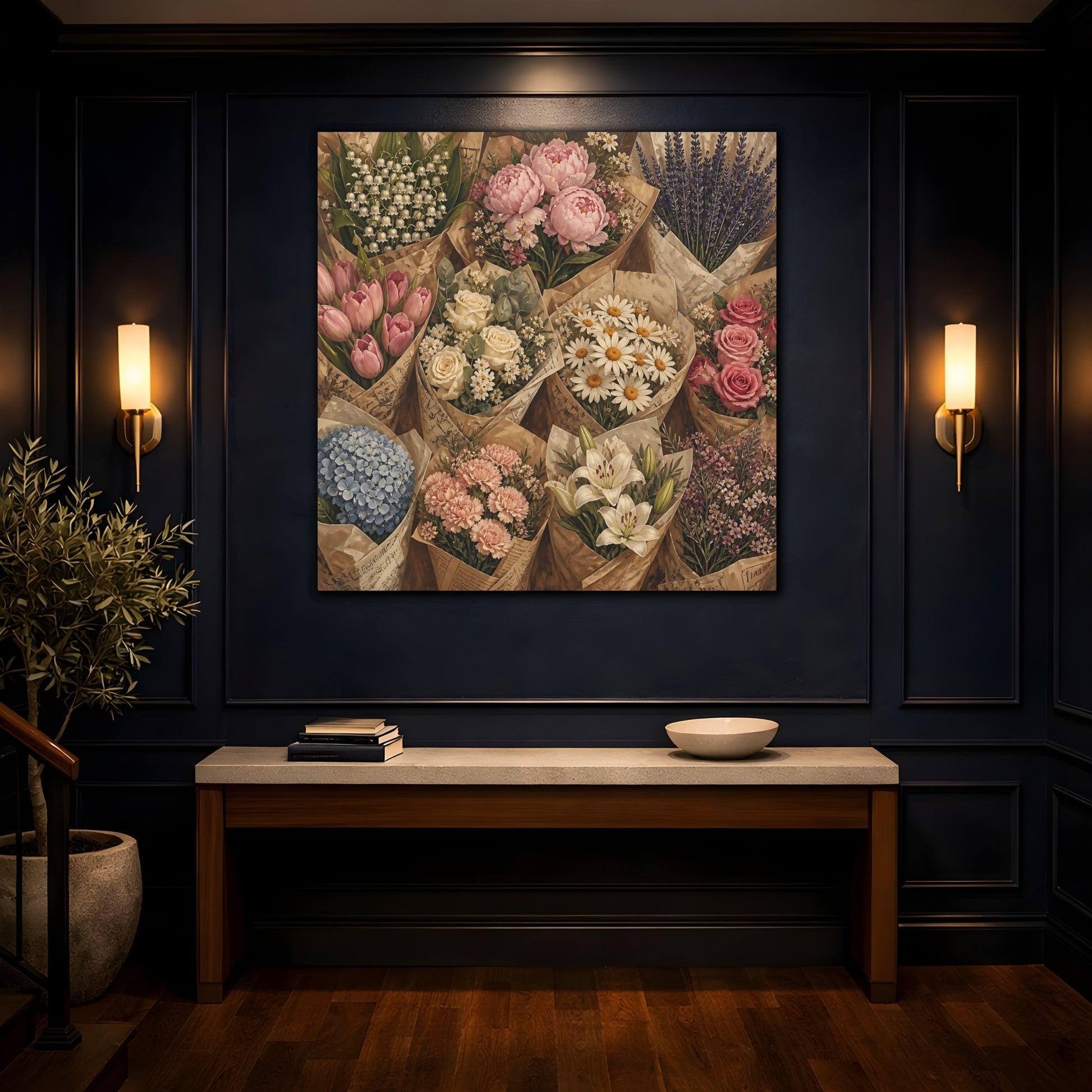 Mockup 4. Floral Flower Bouquets Vintage Flower Market shown as stretched canvas wall art