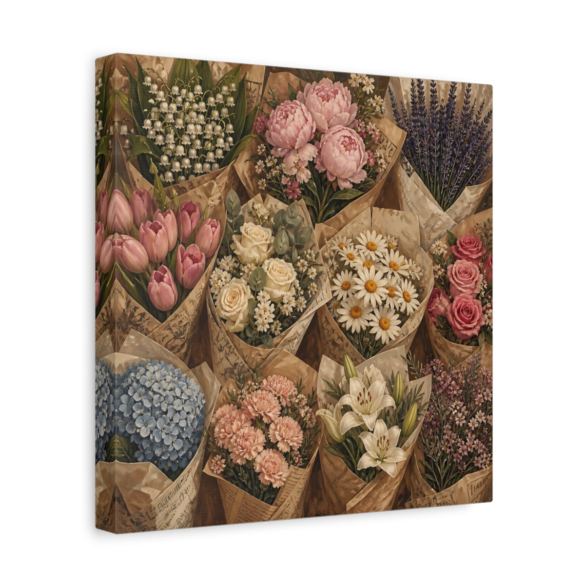 Side Mockup 8. Floral Flower Bouquets Vintage Flower Market shown as stretched canvas wall art