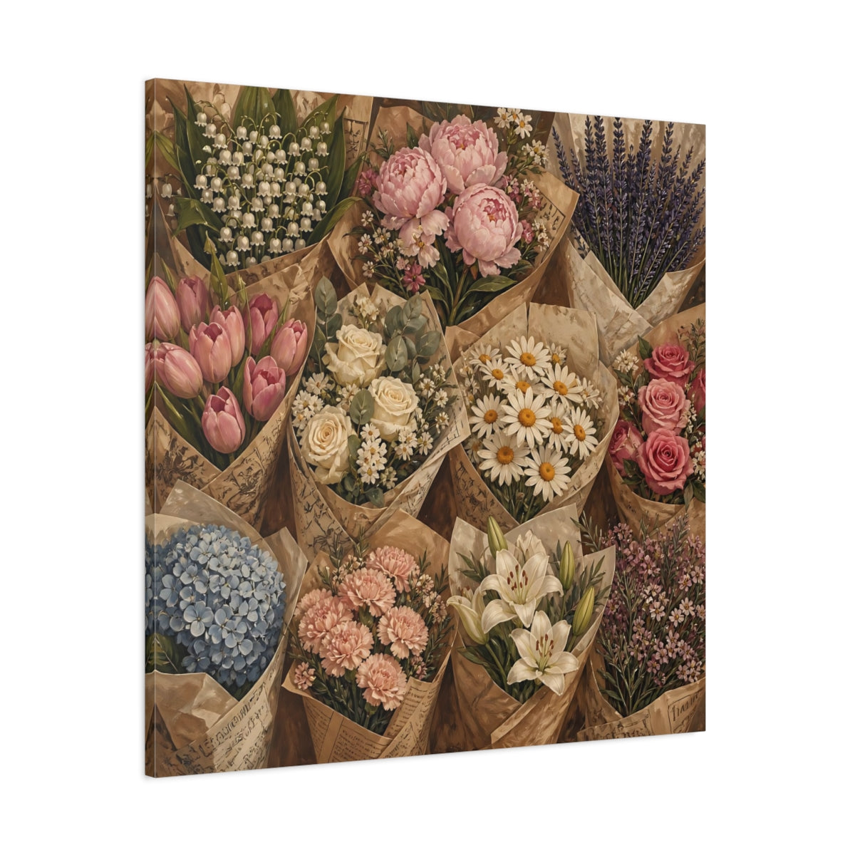 Side Mockup 1. Floral Flower Bouquets Vintage Flower Market shown as stretched canvas wall art