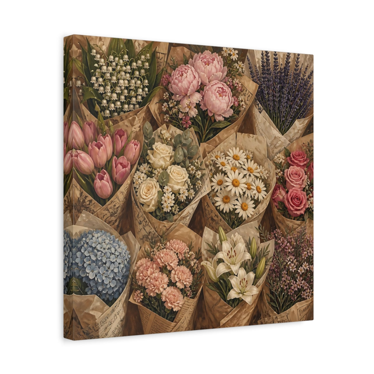 Side Mockup 6. Floral Flower Bouquets Vintage Flower Market shown as stretched canvas wall art